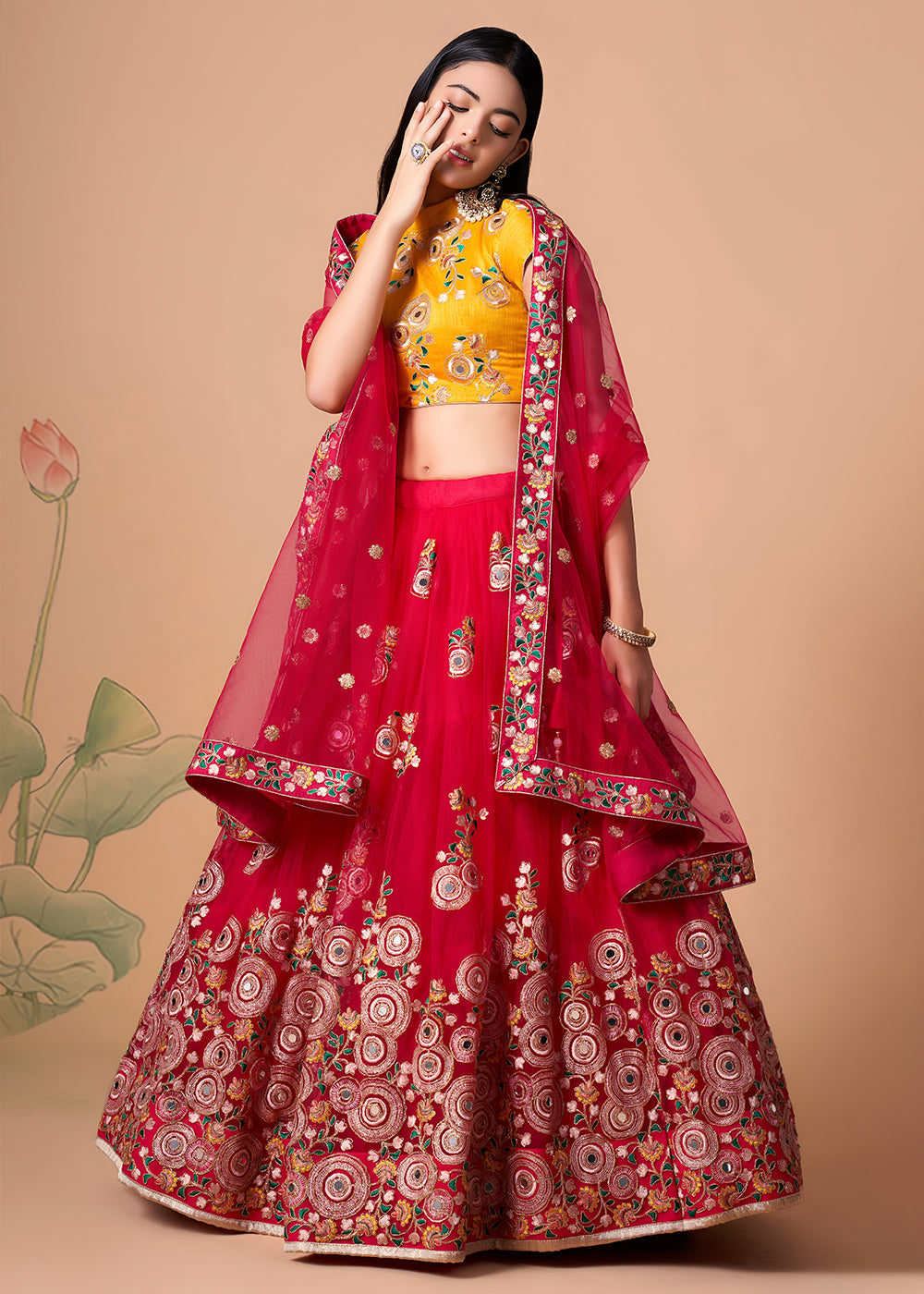 Shop Now Rani &amp; Yellow Stylish Embroidered A Line Lehenga Choli Online in USA, UK, Canada, France, Germany, Spain, Austria, Sweden, UAE &amp; Worldwide at Empress.