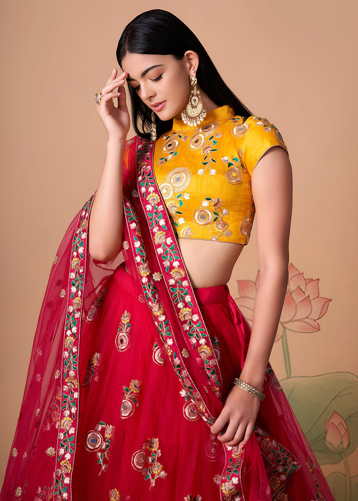 Shop Now Rani &amp; Yellow Stylish Embroidered A Line Lehenga Choli Online in USA, UK, Canada, France, Germany, Spain, Austria, Sweden, UAE &amp; Worldwide at Empress.