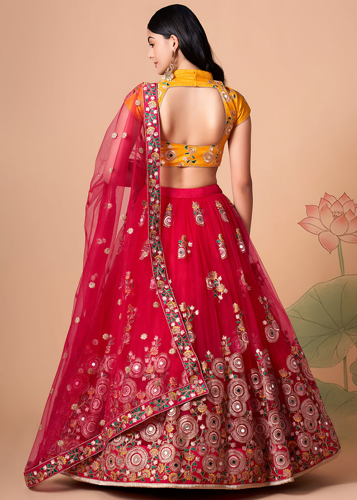 Shop Now Rani &amp; Yellow Stylish Embroidered A Line Lehenga Choli Online in USA, UK, Canada, France, Germany, Spain, Austria, Sweden, UAE &amp; Worldwide at Empress.