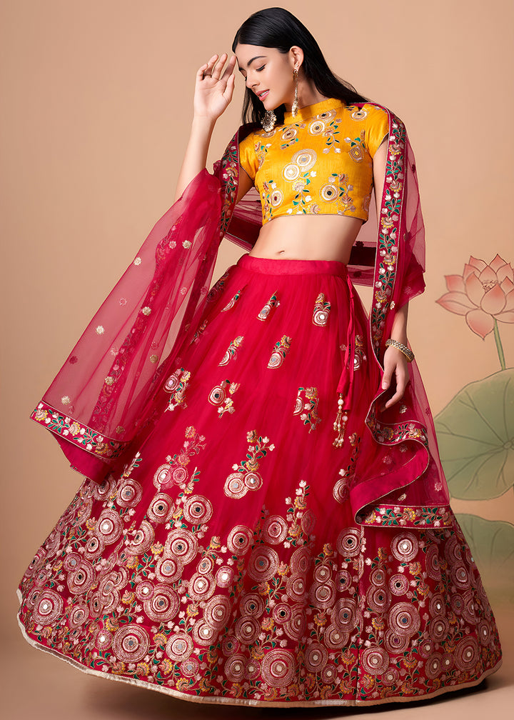 Shop Now Rani &amp; Yellow Stylish Embroidered A Line Lehenga Choli Online in USA, UK, Canada, France, Germany, Spain, Austria, Sweden, UAE &amp; Worldwide at Empress.