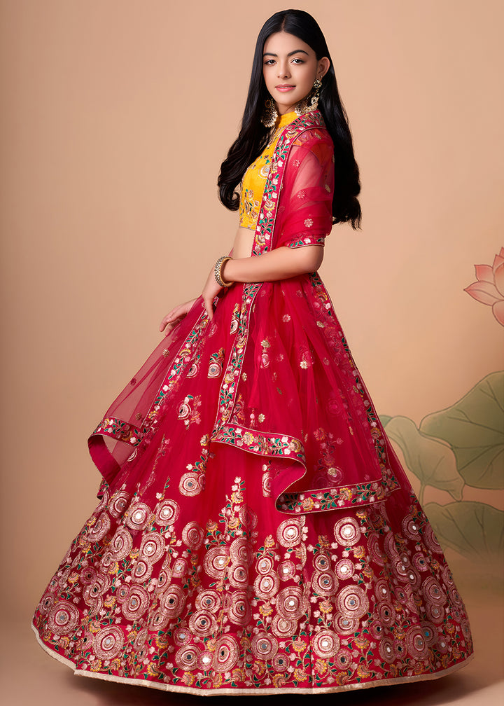 Shop Now Rani &amp; Yellow Stylish Embroidered A Line Lehenga Choli Online in USA, UK, Canada, France, Germany, Spain, Austria, Sweden, UAE &amp; Worldwide at Empress.