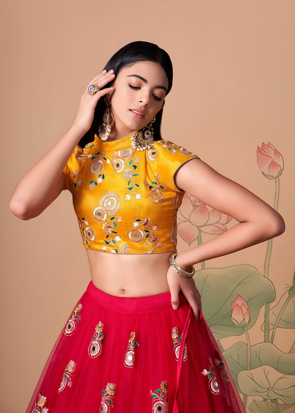 Shop Now Rani &amp; Yellow Stylish Embroidered A Line Lehenga Choli Online in USA, UK, Canada, France, Germany, Spain, Austria, Sweden, UAE &amp; Worldwide at Empress.