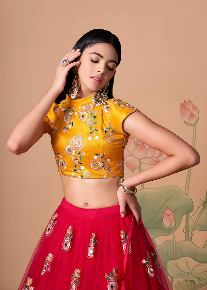 Shop Now Rani &amp; Yellow Stylish Embroidered A Line Lehenga Choli Online in USA, UK, Canada, France, Germany, Spain, Austria, Sweden, UAE &amp; Worldwide at Empress.