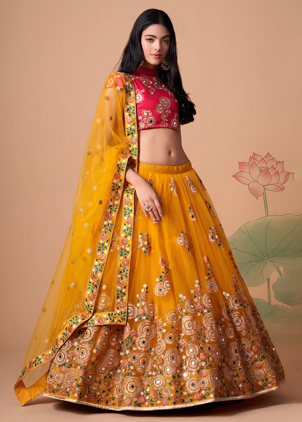 Shop Now Yellow &amp; Rani Stylish Embroidered A Line Lehenga Choli Online in USA, UK, Canada, France, Germany, Spain, Austria, Sweden, UAE &amp; Worldwide at Empress.