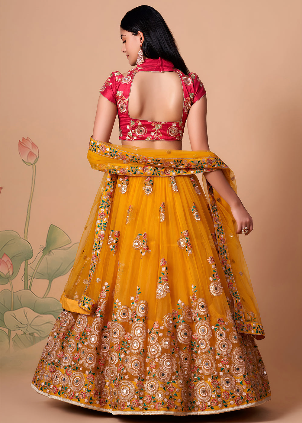 Shop Now Yellow &amp; Rani Stylish Embroidered A Line Lehenga Choli Online in USA, UK, Canada, France, Germany, Spain, Austria, Sweden, UAE &amp; Worldwide at Empress.