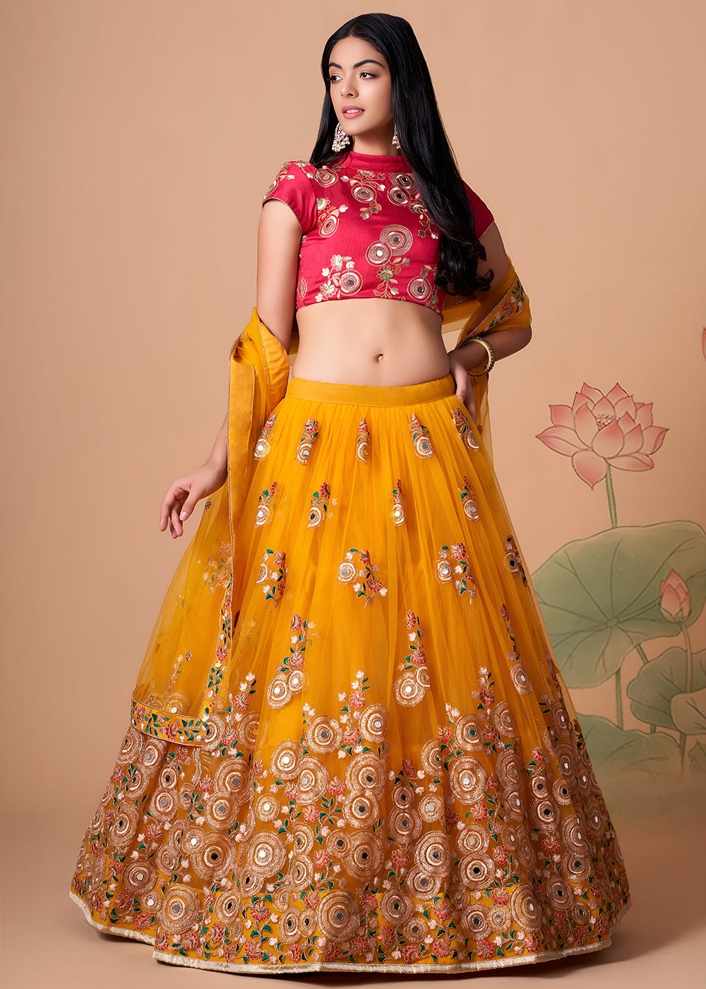 Shop Now Yellow &amp; Rani Stylish Embroidered A Line Lehenga Choli Online in USA, UK, Canada, France, Germany, Spain, Austria, Sweden, UAE &amp; Worldwide at Empress.