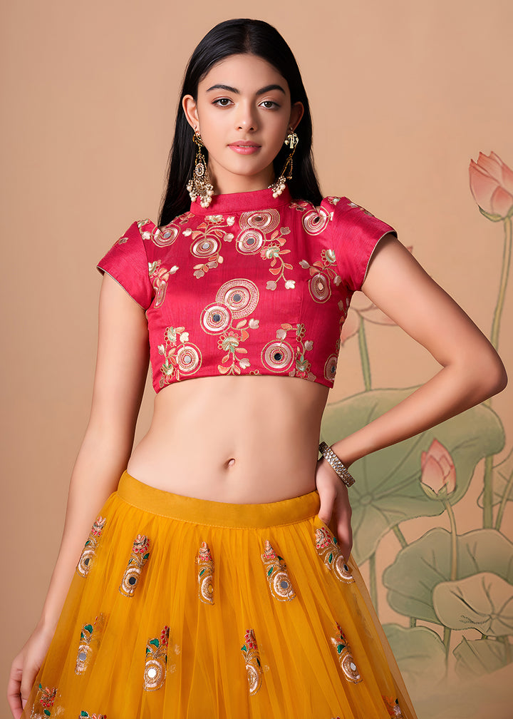 Shop Now Yellow &amp; Rani Stylish Embroidered A Line Lehenga Choli Online in USA, UK, Canada, France, Germany, Spain, Austria, Sweden, UAE &amp; Worldwide at Empress.