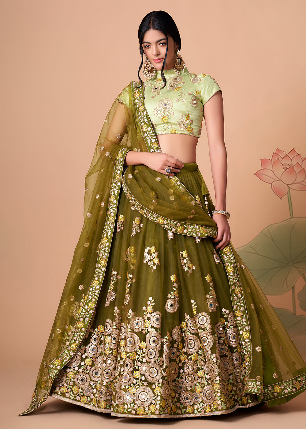 Shop Now Mehndi &amp; Pista Stylish Embroidered A Line Lehenga Choli Online in USA, UK, Canada, France, Germany, Spain, Austria, Sweden, UAE &amp; Worldwide at Empress.