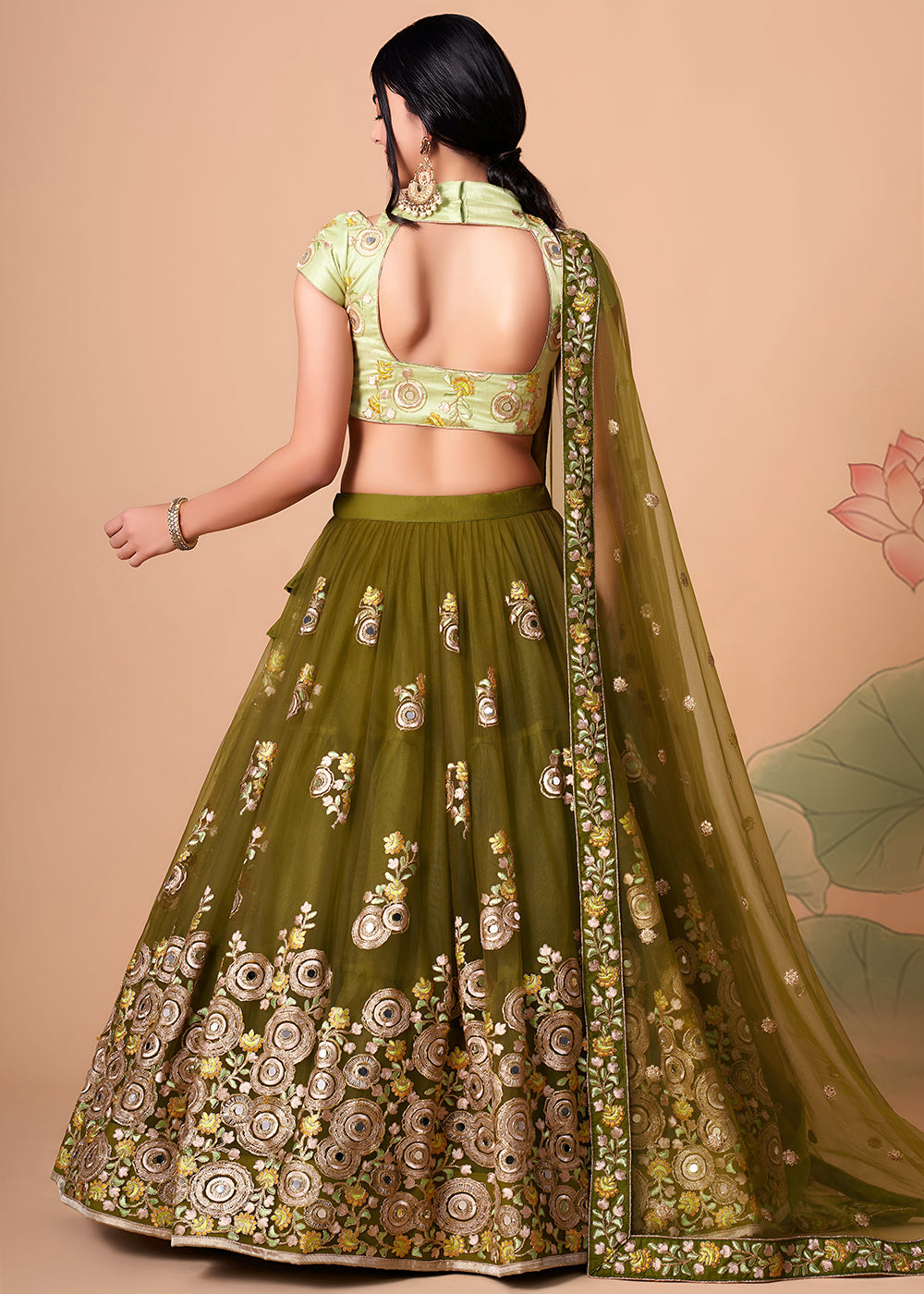 Shop Now Mehndi &amp; Pista Stylish Embroidered A Line Lehenga Choli Online in USA, UK, Canada, France, Germany, Spain, Austria, Sweden, UAE &amp; Worldwide at Empress.