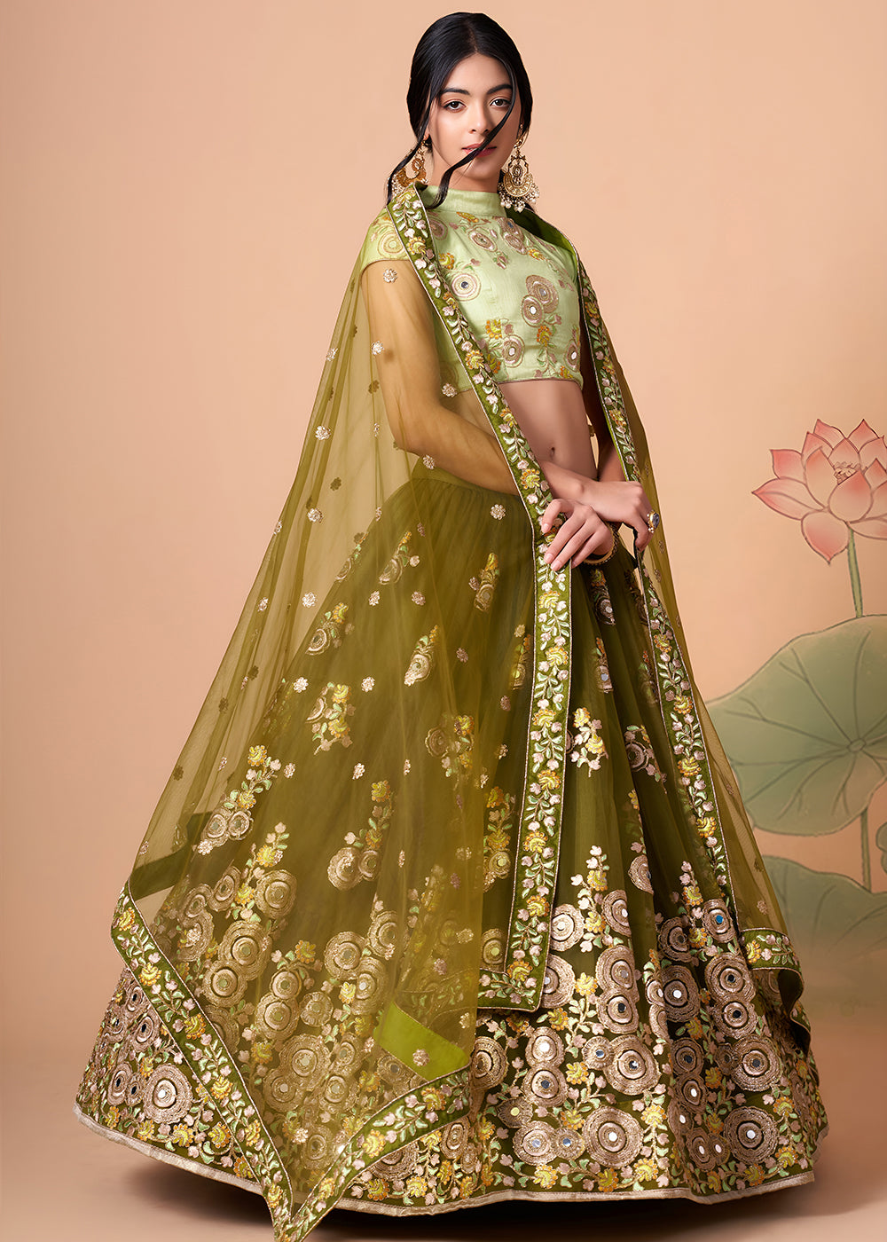 Mehndi &amp; Pista Stylish Embroidered A Line Lehenga Choli