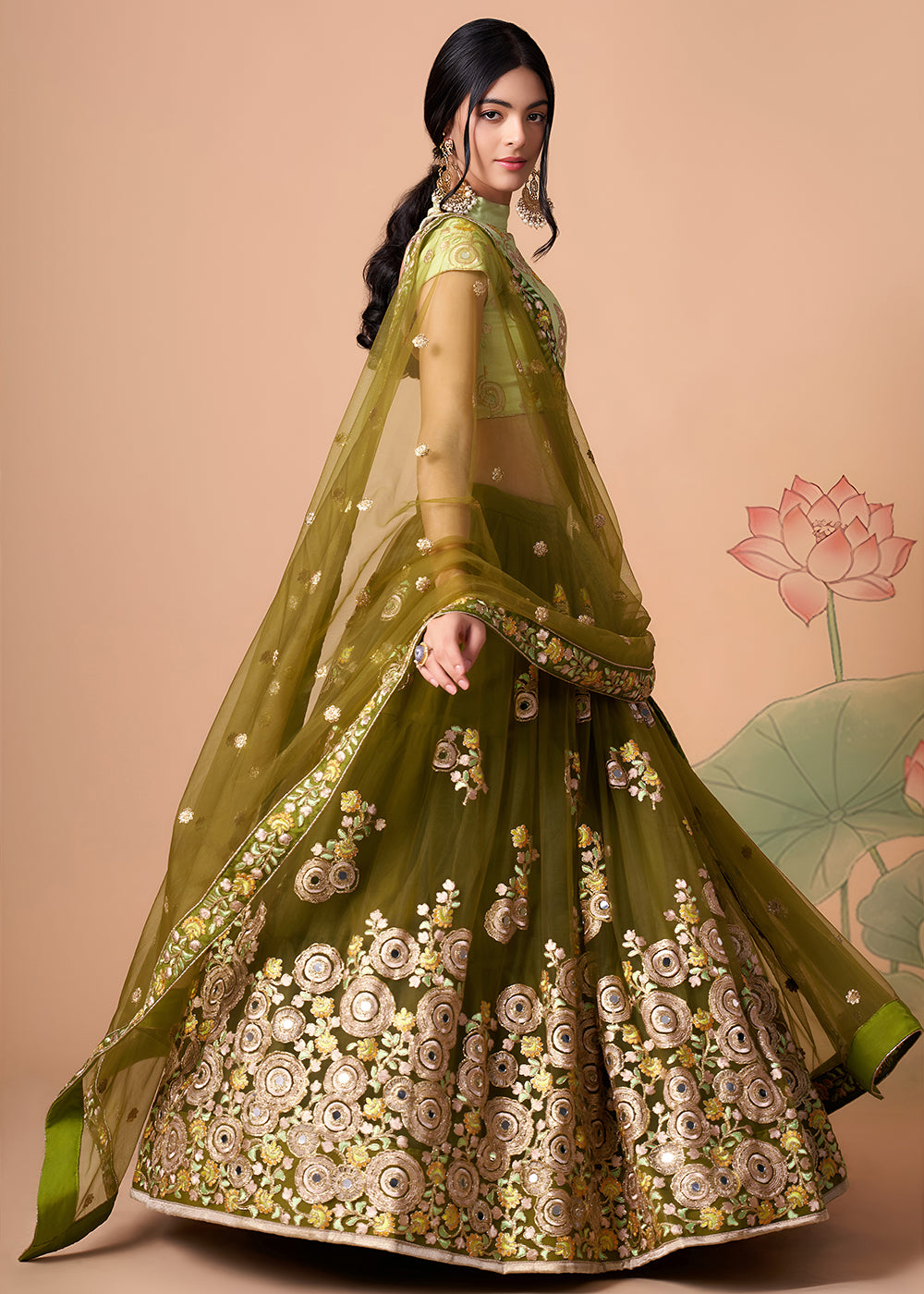 Shop Now Mehndi &amp; Pista Stylish Embroidered A Line Lehenga Choli Online in USA, UK, Canada, France, Germany, Spain, Austria, Sweden, UAE &amp; Worldwide at Empress.