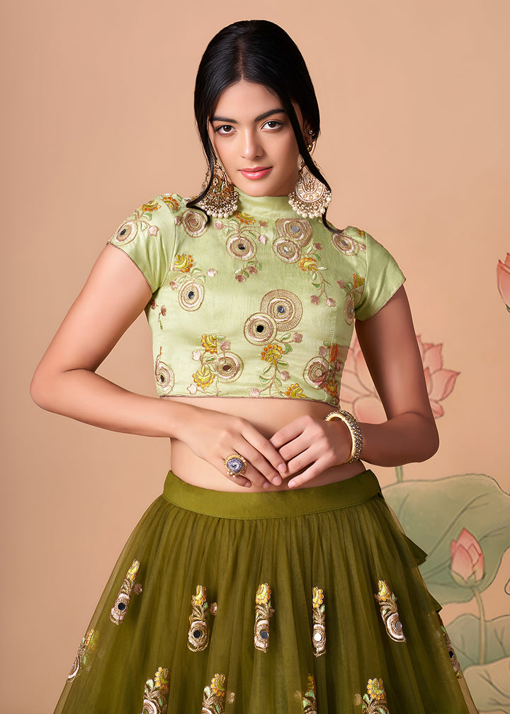 Shop Now Mehndi &amp; Pista Stylish Embroidered A Line Lehenga Choli Online in USA, UK, Canada, France, Germany, Spain, Austria, Sweden, UAE &amp; Worldwide at Empress.