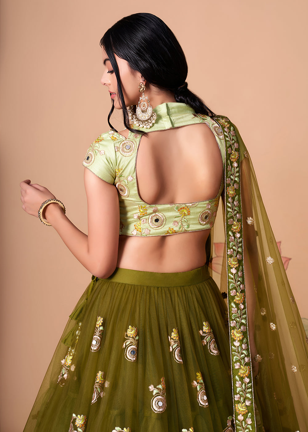 Shop Now Mehndi &amp; Pista Stylish Embroidered A Line Lehenga Choli Online in USA, UK, Canada, France, Germany, Spain, Austria, Sweden, UAE &amp; Worldwide at Empress.