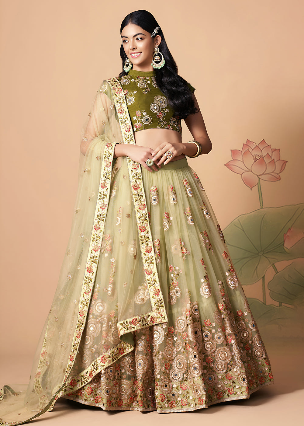 Shop Now Pista &amp; Mehndi Stylish Embroidered A Line Lehenga Choli Online in USA, UK, Canada, France, Germany, Spain, Austria, Sweden, UAE &amp; Worldwide at Empress.