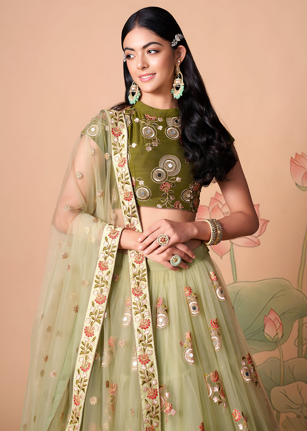 Shop Now Pista & Mehndi Stylish Embroidered A Line Lehenga Choli Online in USA, UK, Canada, France, Germany, Spain, Austria, Sweden, UAE & Worldwide at Empress.