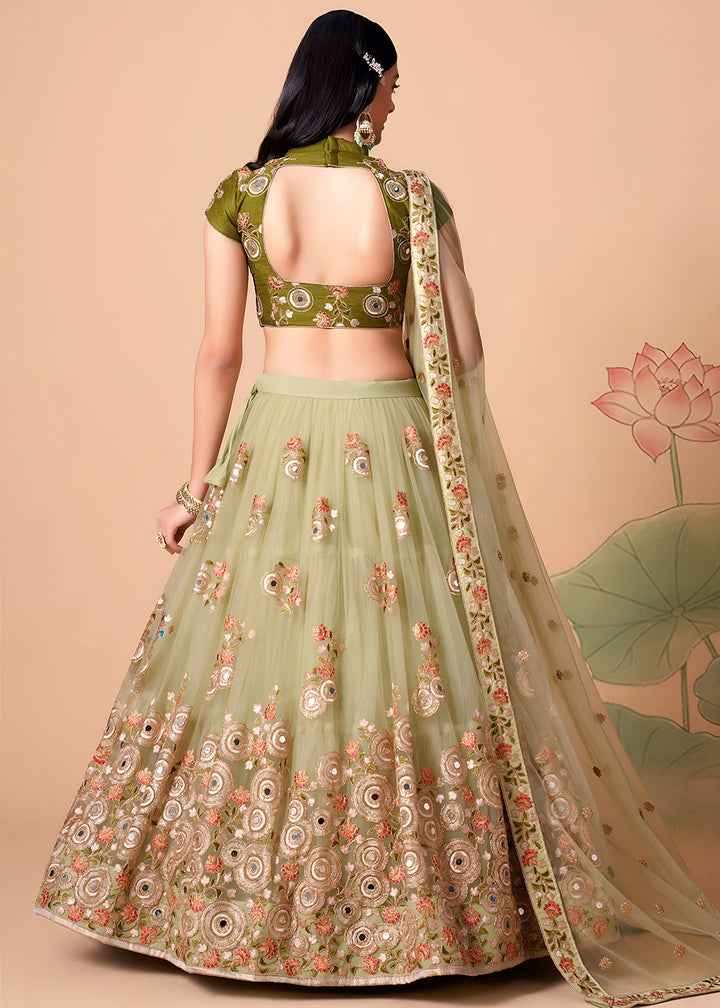 Shop Now Pista &amp; Mehndi Stylish Embroidered A Line Lehenga Choli Online in USA, UK, Canada, France, Germany, Spain, Austria, Sweden, UAE &amp; Worldwide at Empress.