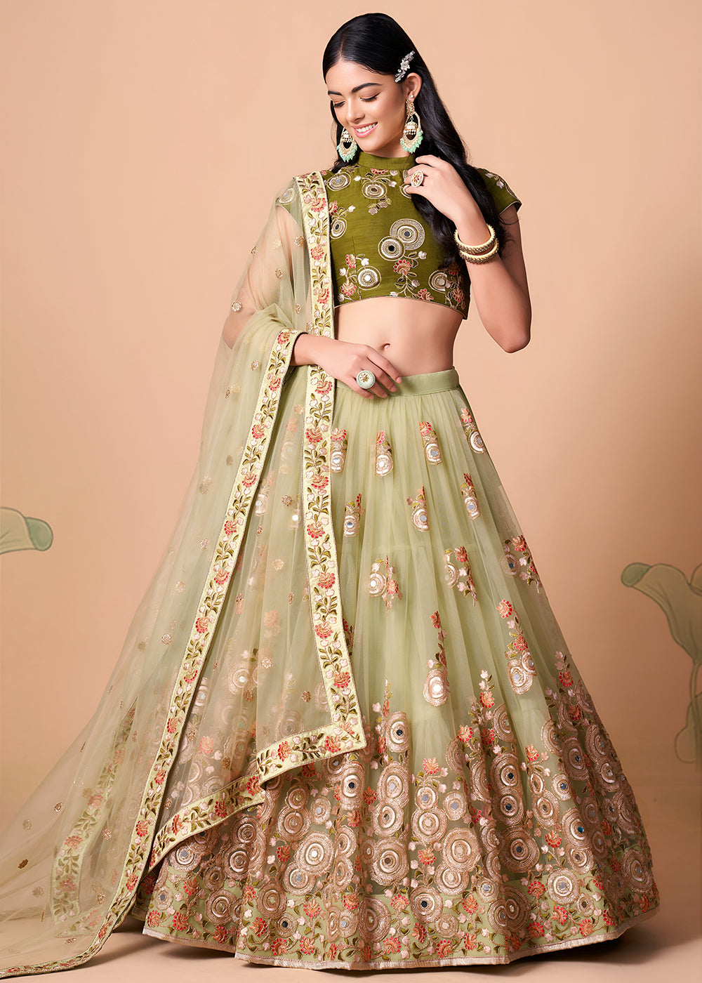 Shop Now Pista &amp; Mehndi Stylish Embroidered A Line Lehenga Choli Online in USA, UK, Canada, France, Germany, Spain, Austria, Sweden, UAE &amp; Worldwide at Empress.