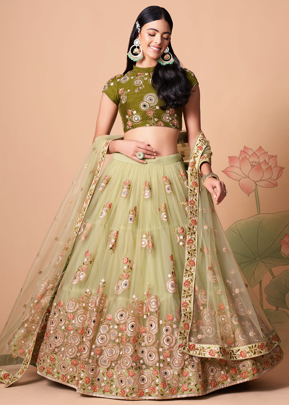 Shop Now Pista &amp; Mehndi Stylish Embroidered A Line Lehenga Choli Online in USA, UK, Canada, France, Germany, Spain, Austria, Sweden, UAE &amp; Worldwide at Empress.