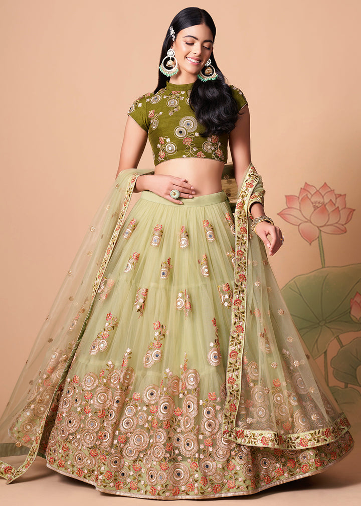 Shop Now Pista &amp; Mehndi Stylish Embroidered A Line Lehenga Choli Online in USA, UK, Canada, France, Germany, Spain, Austria, Sweden, UAE &amp; Worldwide at Empress.