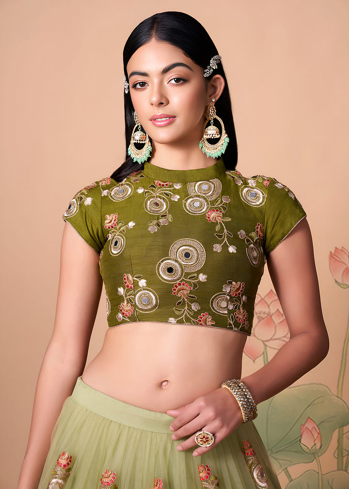 Shop Now Pista &amp; Mehndi Stylish Embroidered A Line Lehenga Choli Online in USA, UK, Canada, France, Germany, Spain, Austria, Sweden, UAE &amp; Worldwide at Empress.