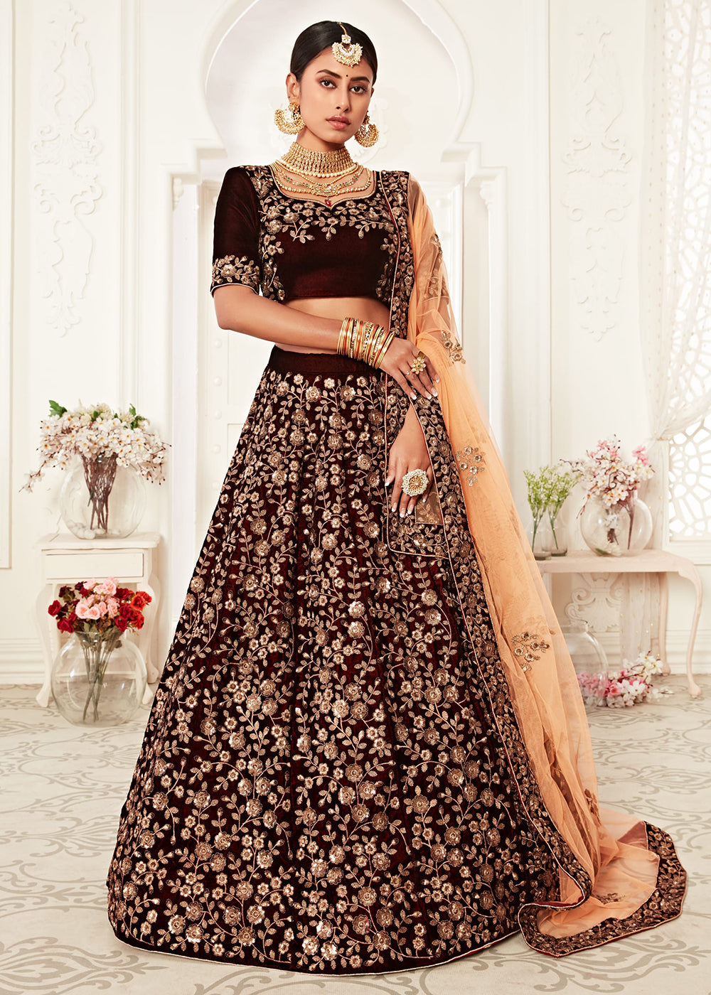 Buy Now Trendy Maroon Velvet Embroidered Wedding Lehenga Choli Online in USA, UK, Canada & Worldwide at Empress Clothing.