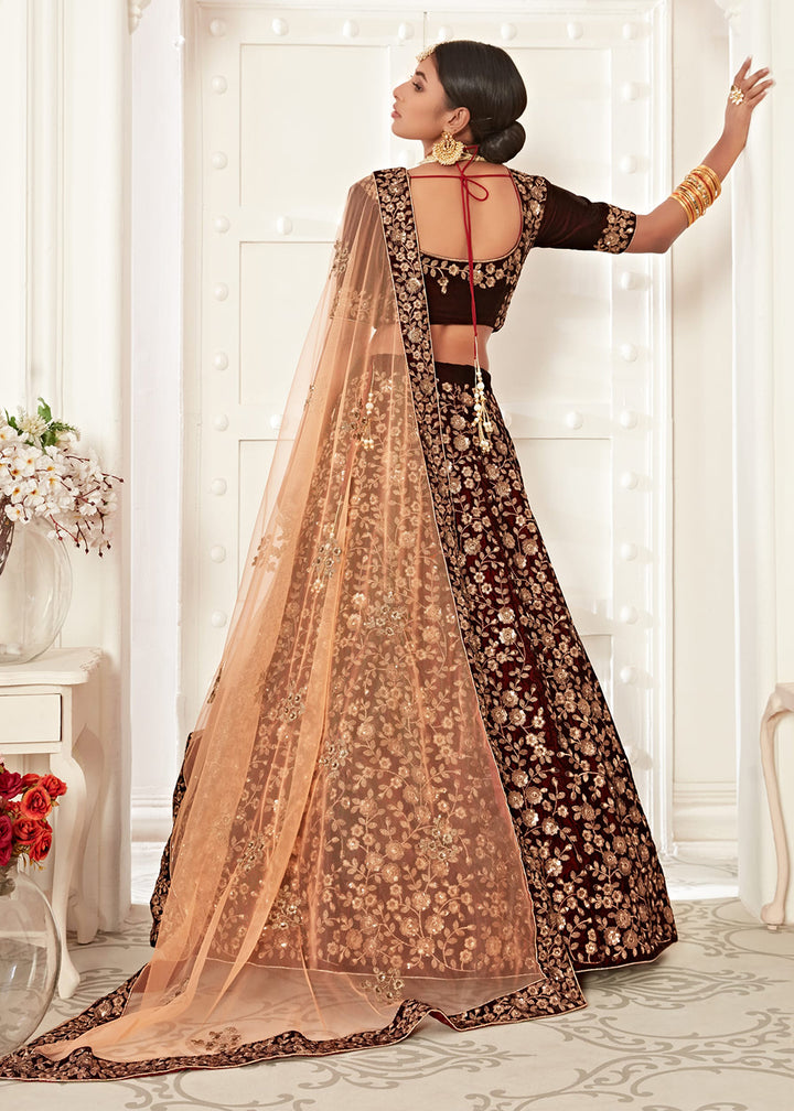 Buy Now Trendy Maroon Velvet Embroidered Wedding Lehenga Choli Online in USA, UK, Canada & Worldwide at Empress Clothing.