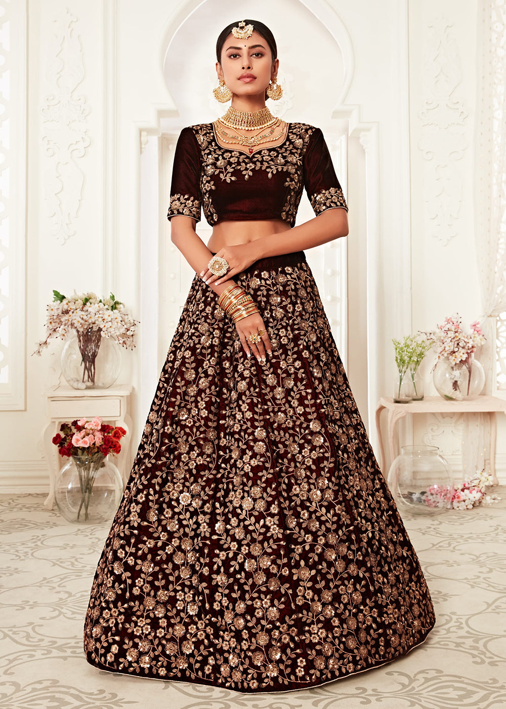 Buy Now Trendy Maroon Velvet Embroidered Wedding Lehenga Choli Online in USA, UK, Canada & Worldwide at Empress Clothing.