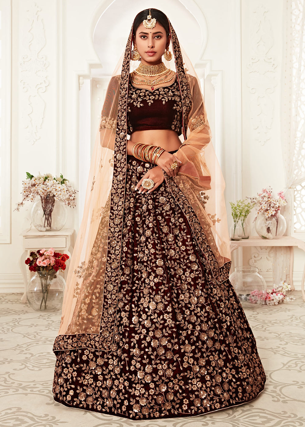 Buy Now Trendy Maroon Velvet Embroidered Wedding Lehenga Choli Online in USA, UK, Canada & Worldwide at Empress Clothing.