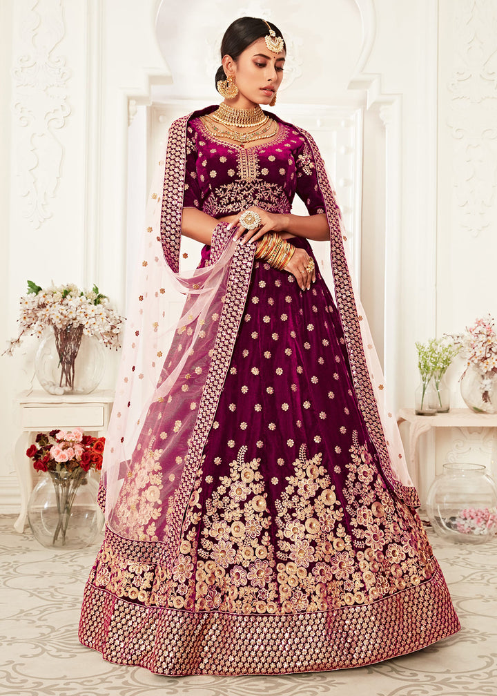 Buy Now Trendy Purple Velvet Embroidered Wedding Lehenga Choli Online in USA, UK, Canada & Worldwide at Empress Clothing. 