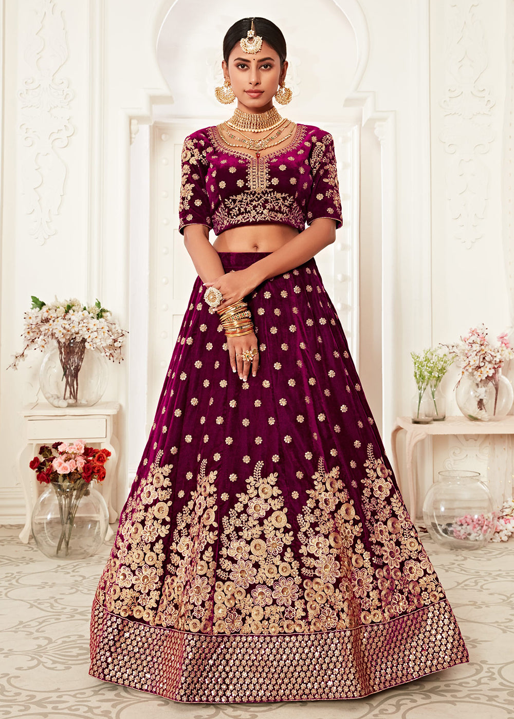 Buy Now Trendy Purple Velvet Embroidered Wedding Lehenga Choli Online in USA, UK, Canada & Worldwide at Empress Clothing. 