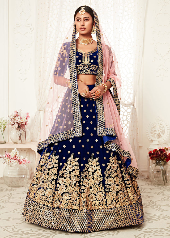 Buy Now Trendy Blue Velvet Embroidered Wedding Lehenga Choli Online in USA, UK, Canada & Worldwide at Empress Clothing. 