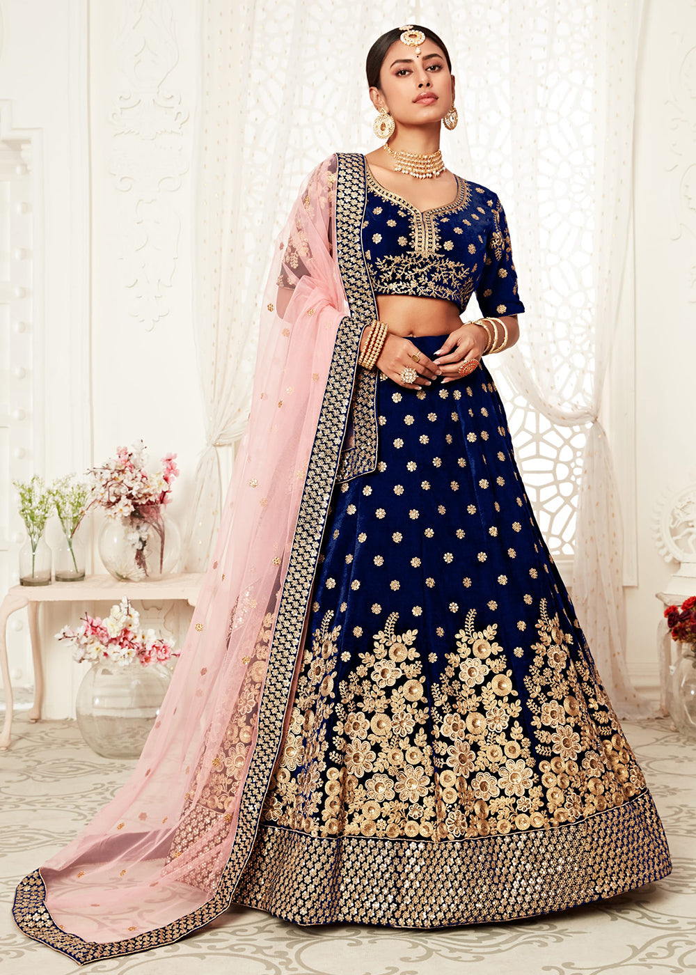 Buy Now Trendy Blue Velvet Embroidered Wedding Lehenga Choli Online in USA, UK, Canada & Worldwide at Empress Clothing. 