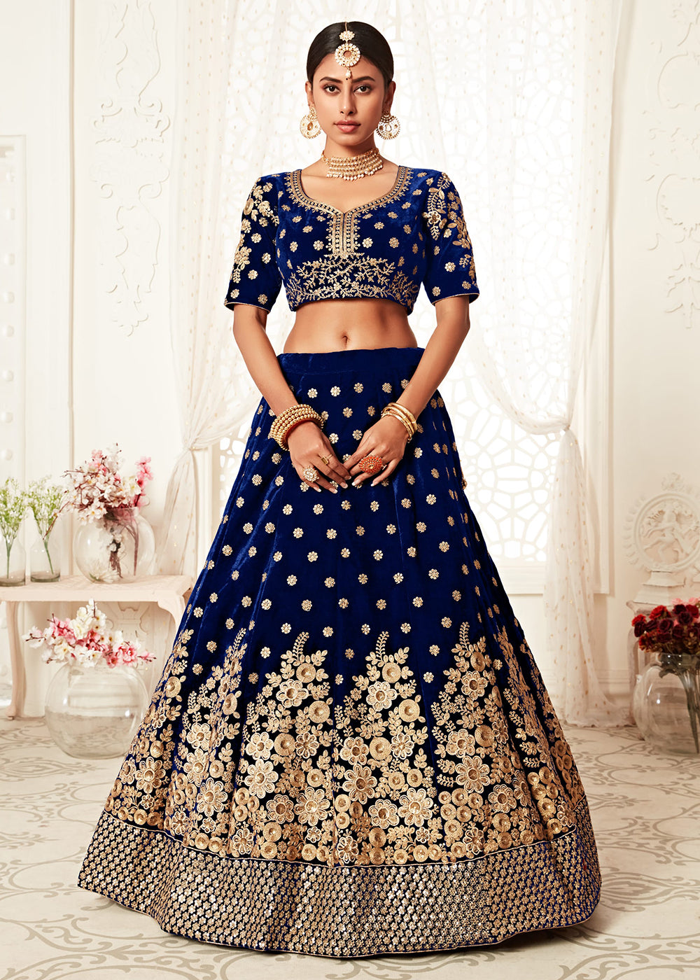 Buy Now Trendy Blue Velvet Embroidered Wedding Lehenga Choli Online in USA, UK, Canada & Worldwide at Empress Clothing. 