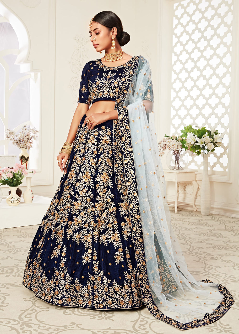 Buy Now Trendy Navy Blue Velvet Embroidered Wedding Lehenga Choli Online in USA, UK, Canada & Worldwide at Empress Clothing. 