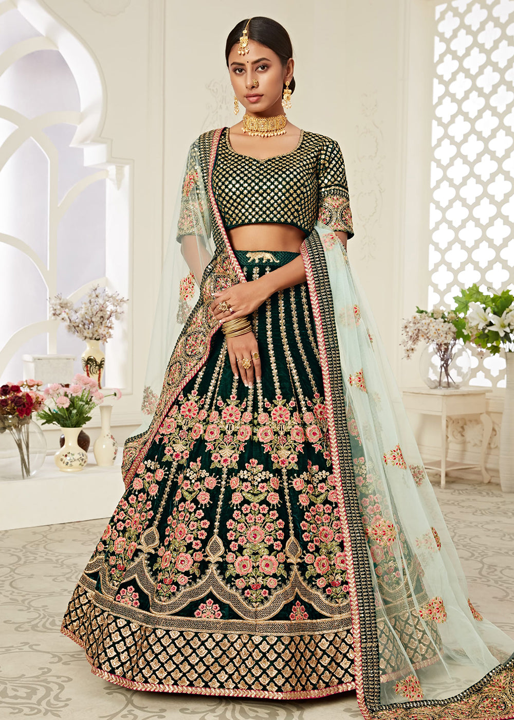 Buy Now Trendy Green Velvet Embroidered Wedding Lehenga Choli Online in USA, UK, Canada & Worldwide at Empress Clothing.