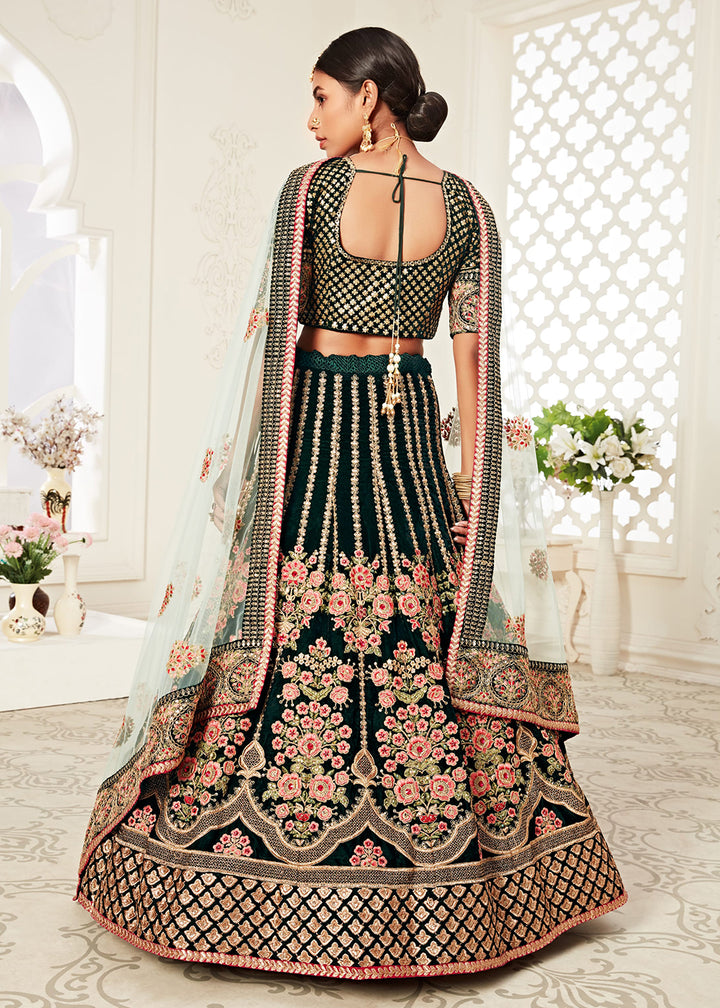 Buy Now Trendy Green Velvet Embroidered Wedding Lehenga Choli Online in USA, UK, Canada & Worldwide at Empress Clothing.