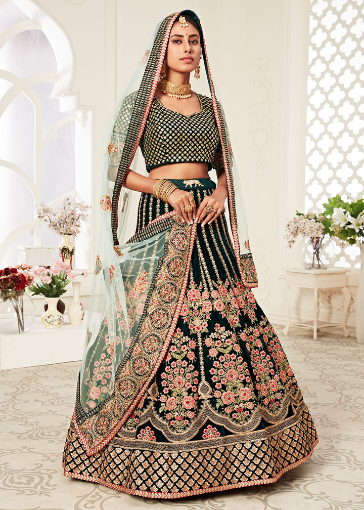 Buy Now Trendy Green Velvet Embroidered Wedding Lehenga Choli Online in USA, UK, Canada & Worldwide at Empress Clothing.