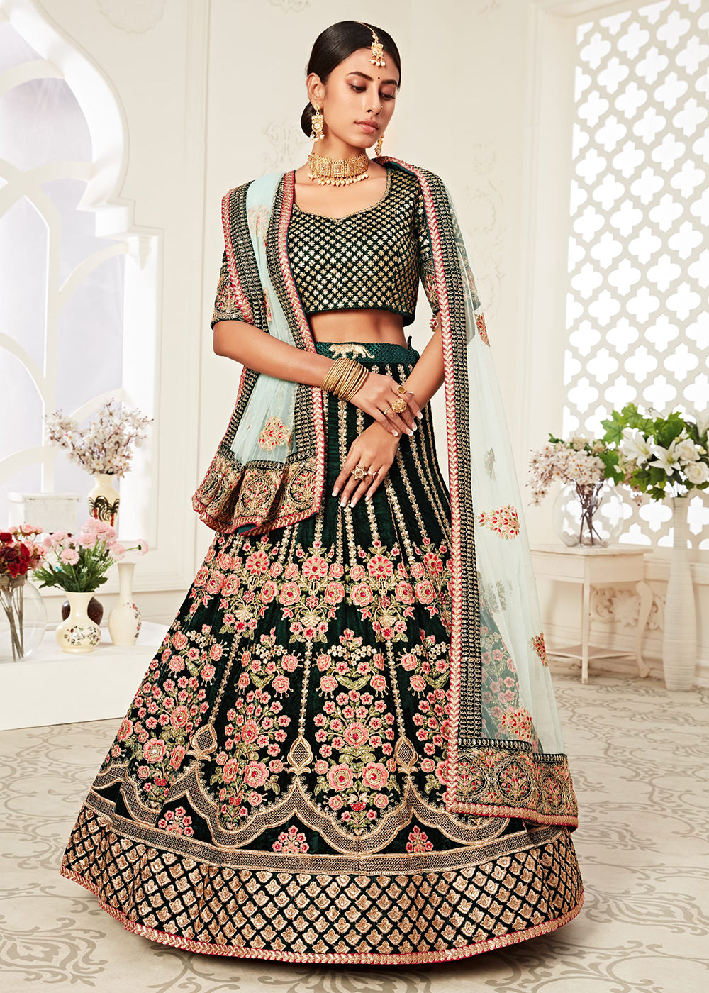 Buy Now Trendy Green Velvet Embroidered Wedding Lehenga Choli Online in USA, UK, Canada & Worldwide at Empress Clothing.