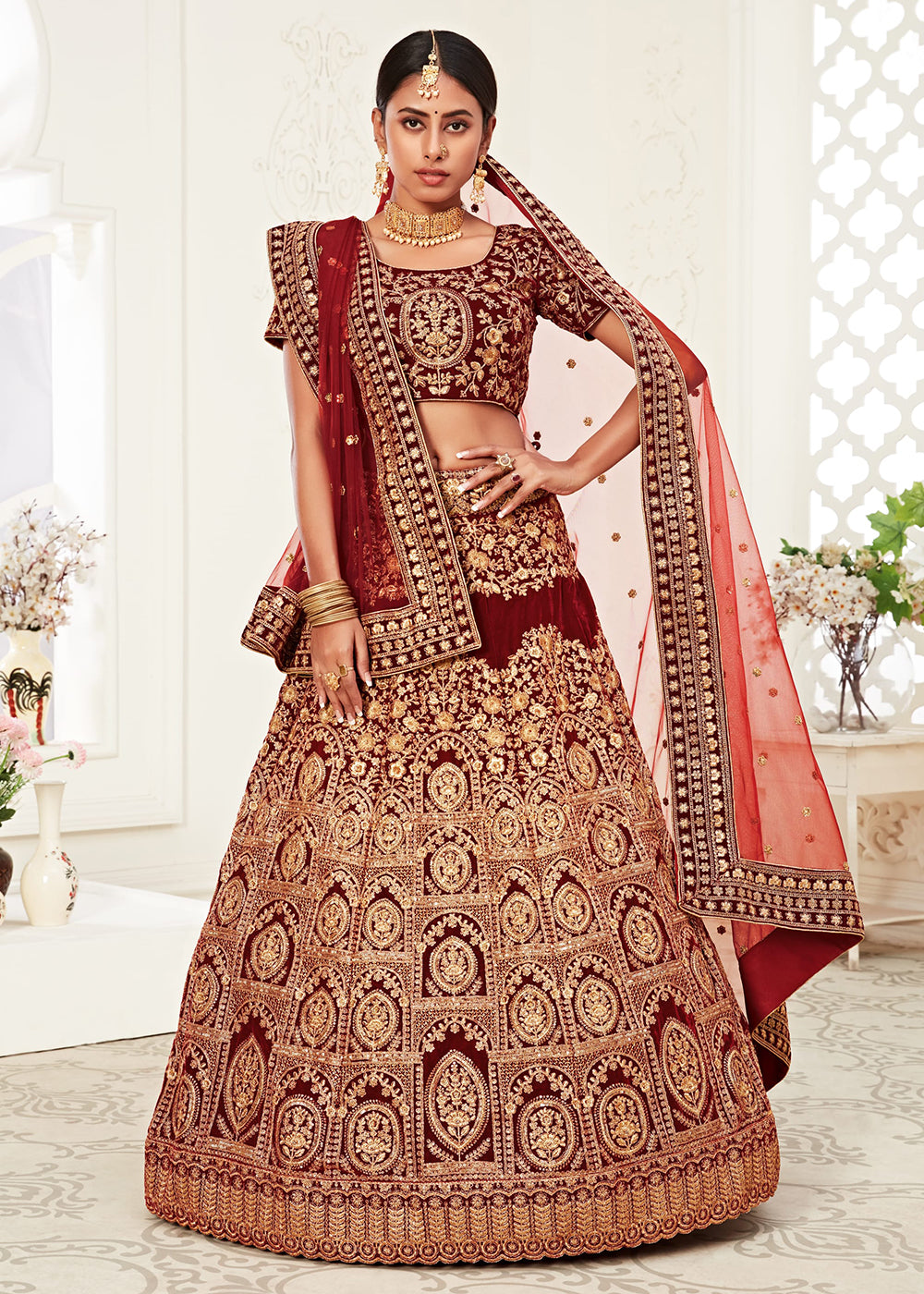 Buy Now Trendy Red Velvet Embroidered Wedding Lehenga Choli Online in USA, UK, Canada & Worldwide at Empress Clothing. 