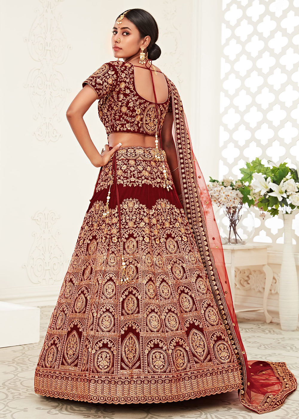 Buy Now Trendy Red Velvet Embroidered Wedding Lehenga Choli Online in USA, UK, Canada & Worldwide at Empress Clothing. 