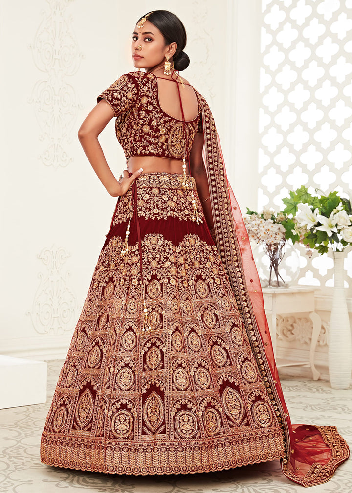 Buy Now Trendy Red Velvet Embroidered Wedding Lehenga Choli Online in USA, UK, Canada & Worldwide at Empress Clothing. 