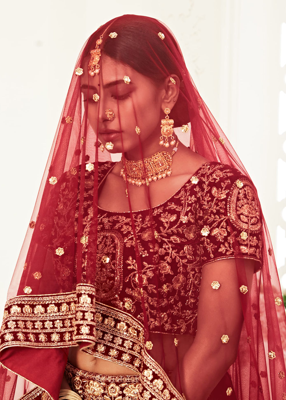 Buy Now Trendy Red Velvet Embroidered Wedding Lehenga Choli Online in USA, UK, Canada & Worldwide at Empress Clothing. 