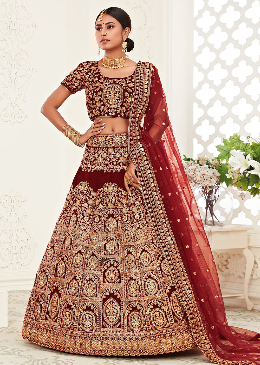 Buy Now Trendy Red Velvet Embroidered Wedding Lehenga Choli Online in USA, UK, Canada & Worldwide at Empress Clothing. 