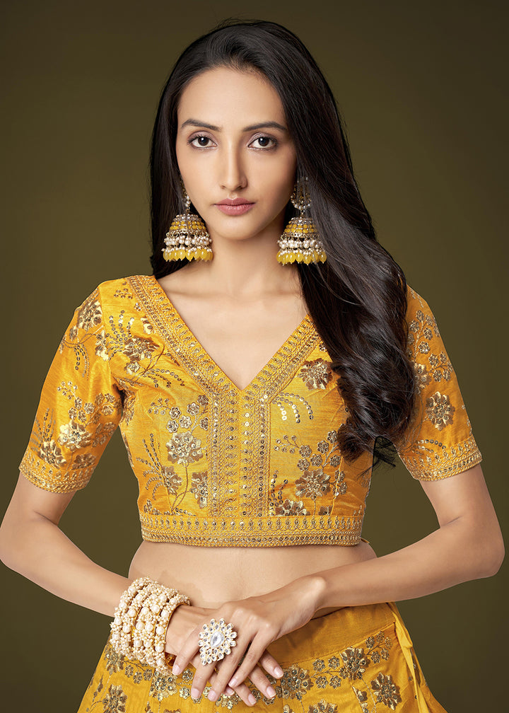 Buy Now Sequins & Zari Embroidered Yellow Silk Designer Lehenga Choli Online in USA, UK, Canada & Worldwide at Empress Clothing.