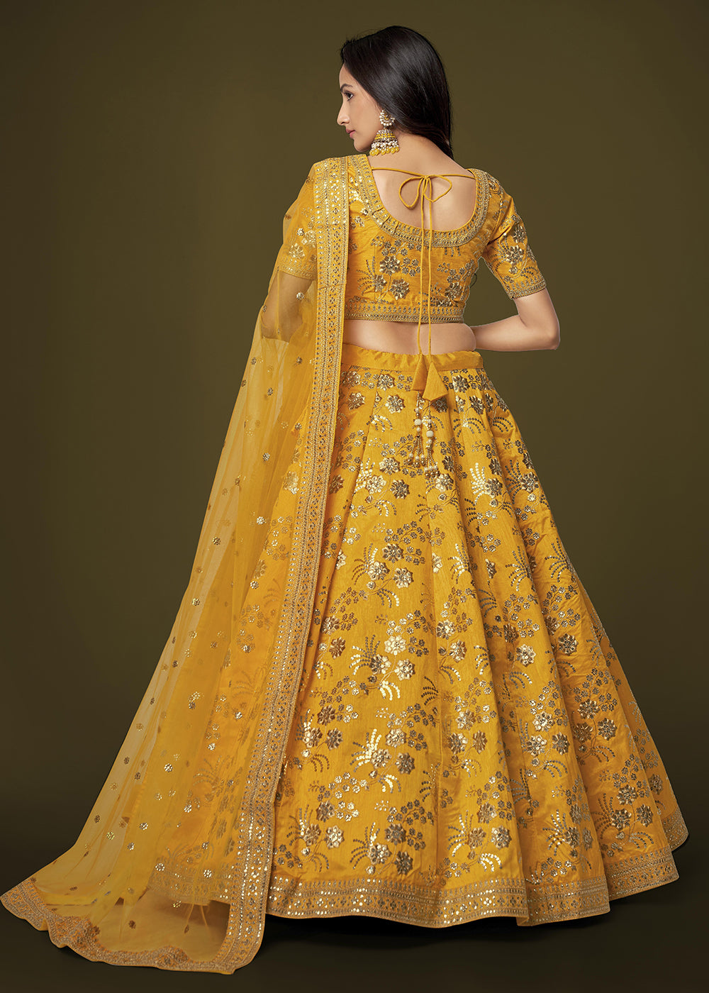 Buy Now Sequins & Zari Embroidered Yellow Silk Designer Lehenga Choli Online in USA, UK, Canada & Worldwide at Empress Clothing.