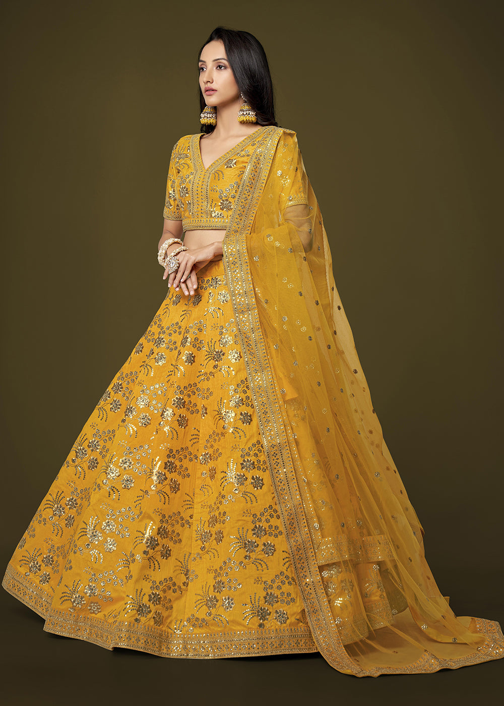 Buy Now Sequins & Zari Embroidered Yellow Silk Designer Lehenga Choli Online in USA, UK, Canada & Worldwide at Empress Clothing.