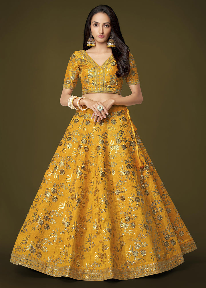 Buy Now Sequins & Zari Embroidered Yellow Silk Designer Lehenga Choli Online in USA, UK, Canada & Worldwide at Empress Clothing.