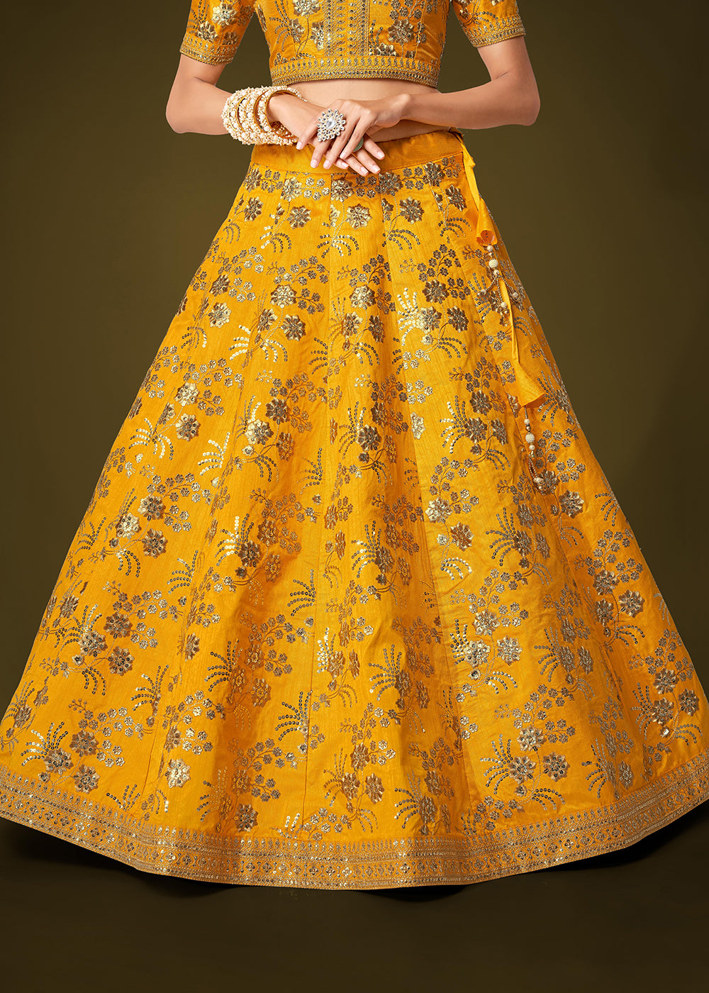 Buy Now Sequins & Zari Embroidered Yellow Silk Designer Lehenga Choli Online in USA, UK, Canada & Worldwide at Empress Clothing.