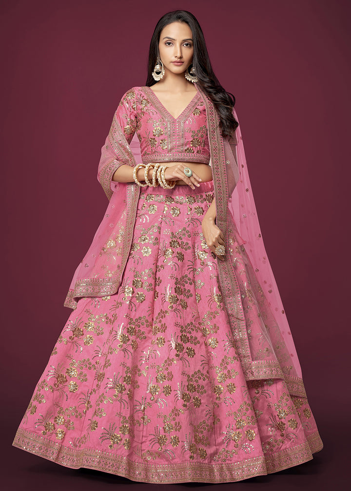 Buy Now Sequins & Zari Embroidered Pink Silk Designer Lehenga Choli Online in USA, UK, Canada & Worldwide at Empress Clothing.