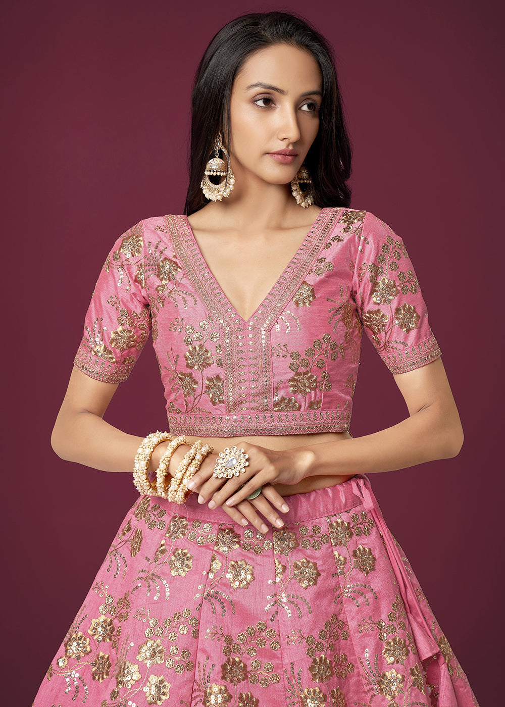 Buy Now Sequins & Zari Embroidered Pink Silk Designer Lehenga Choli Online in USA, UK, Canada & Worldwide at Empress Clothing.